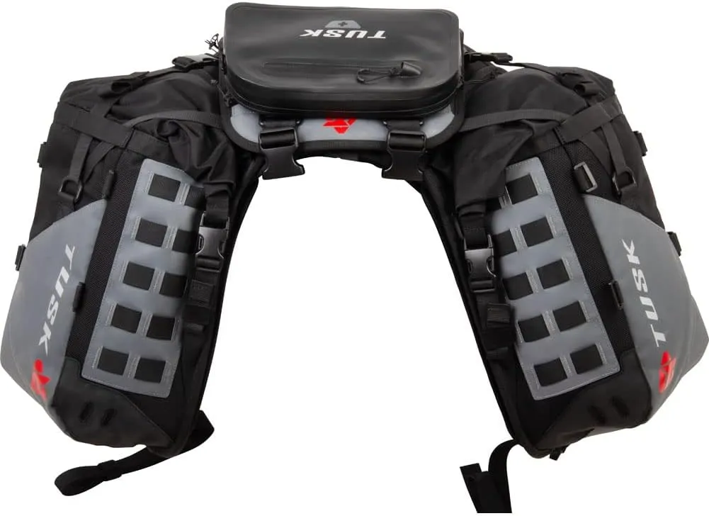 TUSK Highland X2 Rackless Luggage System w/Medium Dry Duffel/Large Bottle Holders Compatible with KTM/Husky 690-701 Heat Shield Black/Grey