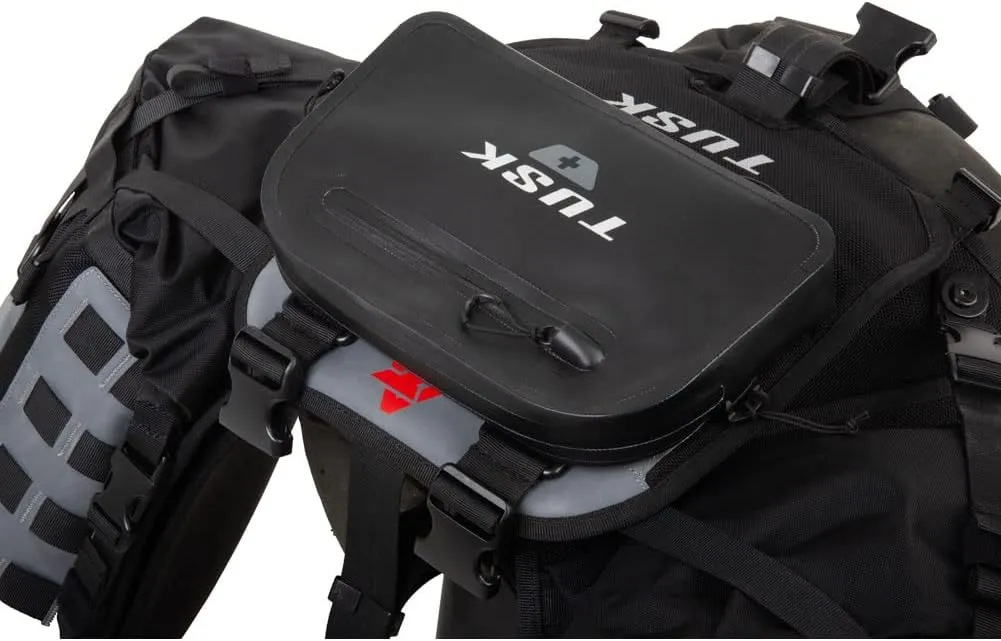 TUSK Highland X2 Rackless Luggage System w/Medium Dry Duffel/Large Bottle Holders Compatible with KTM/Husky 690-701 Heat Shield Black/Grey