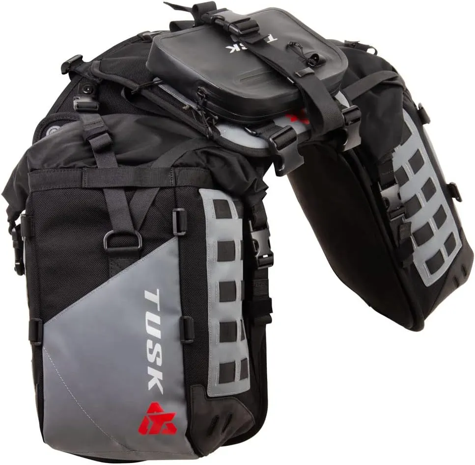 TUSK Highland X2 Rackless Luggage System w/Medium Dry Duffel/Large Bottle Holders Compatible with KTM/Husky 690-701 Heat Shield Black/Grey