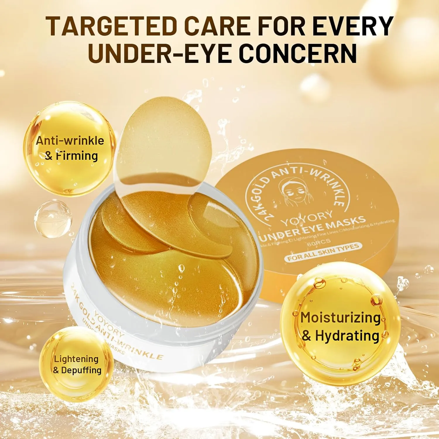 Under Eye Patches Masks - 24K Gold Eye Patch for Eye Bags and Dark Circles, Fine Lines, Wrinkles, Puffy Eyes Treatment with Collagen and Hyaluronic Acid, Moisturizing and Hydrating Gold(60 Pcs)