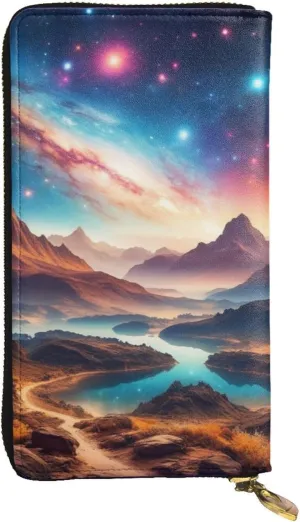 Universe with Stars and Galaxy Interstellar Wallet for Men Women,Rectangle Clutch Handbag with Zipper Leather Wallet for Credit Card Cash