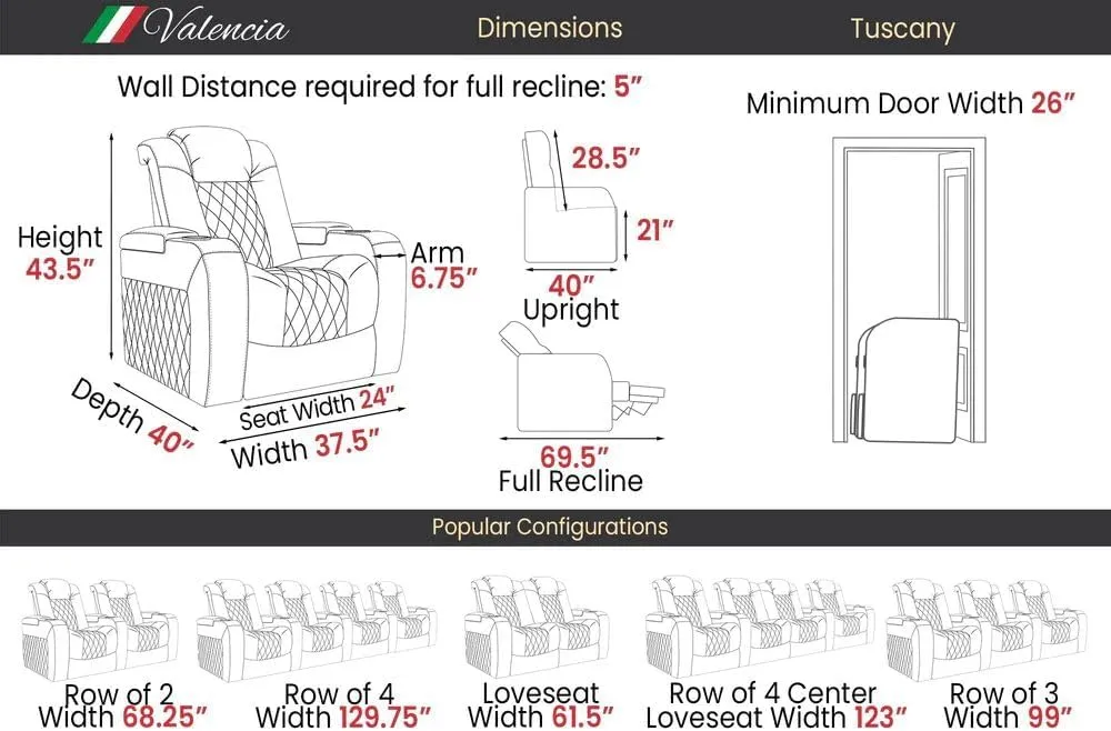 Valencia Tuscany Executive Premier Home Theater Seating with Heat & Massage, Diamond Stitching Top Grain Italian Nappa 11000 Leather Wall Hugger Power Recliner Chair with Headrest & Lumbar Support