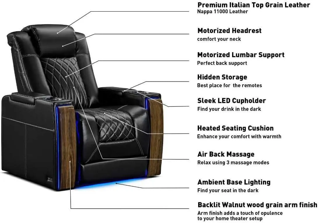 Valencia Tuscany Executive Premier Home Theater Seating with Heat & Massage, Diamond Stitching Top Grain Italian Nappa 11000 Leather Wall Hugger Power Recliner Chair with Headrest & Lumbar Support