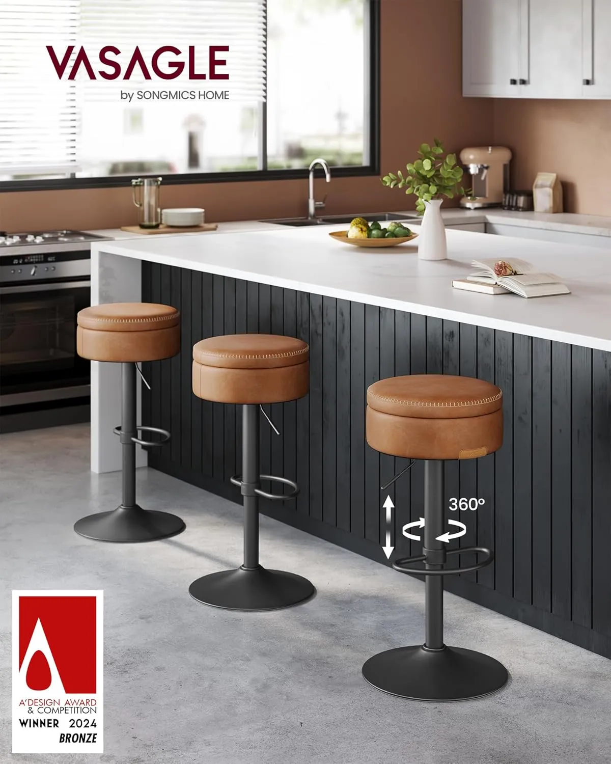 VASAGLE EKHO Collection - 360° Swivel Bar Stool, Height Adjustable Barstool with Storage, Synthetic Leather with Stitching, Mid-Century Modern, Kitchen Bar, Easy Assembly, Caramel Brown