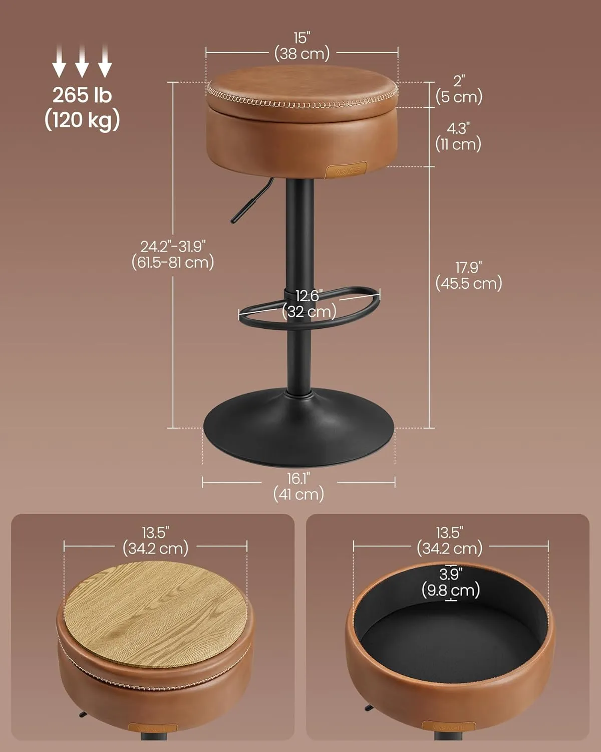 VASAGLE EKHO Collection - 360° Swivel Bar Stool, Height Adjustable Barstool with Storage, Synthetic Leather with Stitching, Mid-Century Modern, Kitchen Bar, Easy Assembly, Caramel Brown