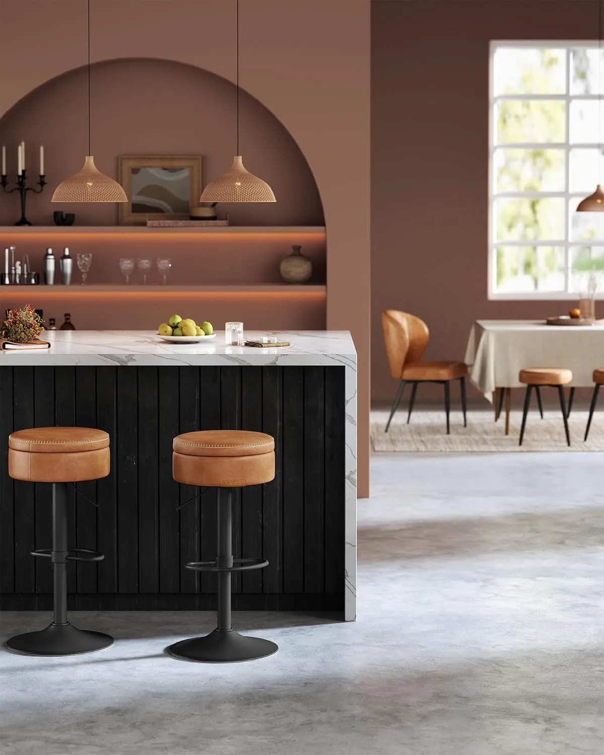 VASAGLE EKHO Collection - 360° Swivel Bar Stool, Height Adjustable Barstool with Storage, Synthetic Leather with Stitching, Mid-Century Modern, Kitchen Bar, Easy Assembly, Caramel Brown