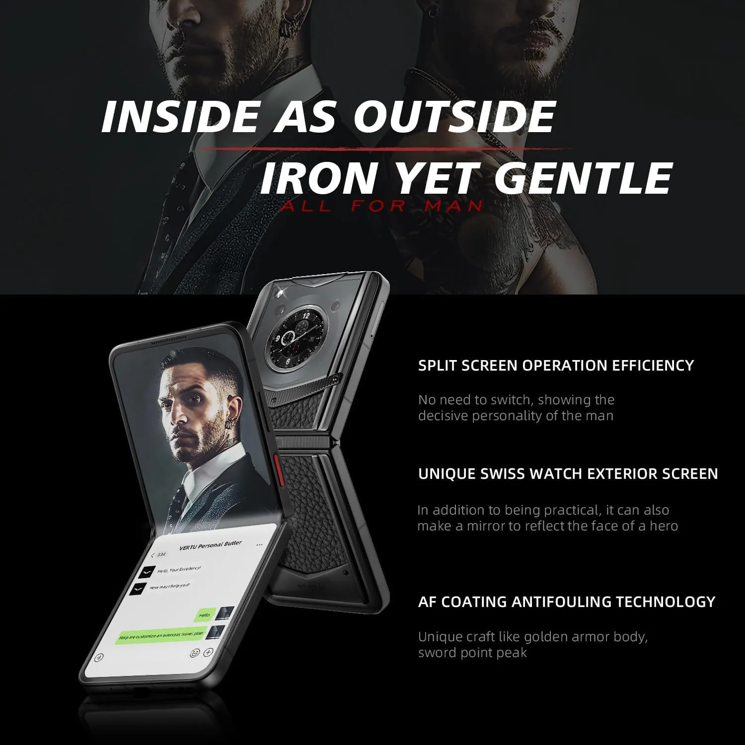 VERTU IRONFLIP Calf Skin Flip Cell Phone, Unlocked Android 5G Smartphone, Foldable Design, One-Hand Control, 50MP Camera, 12G 512G, Dual SIM, 6.9" 120Hz OLED, 65W Fast Charge (Jade Black)