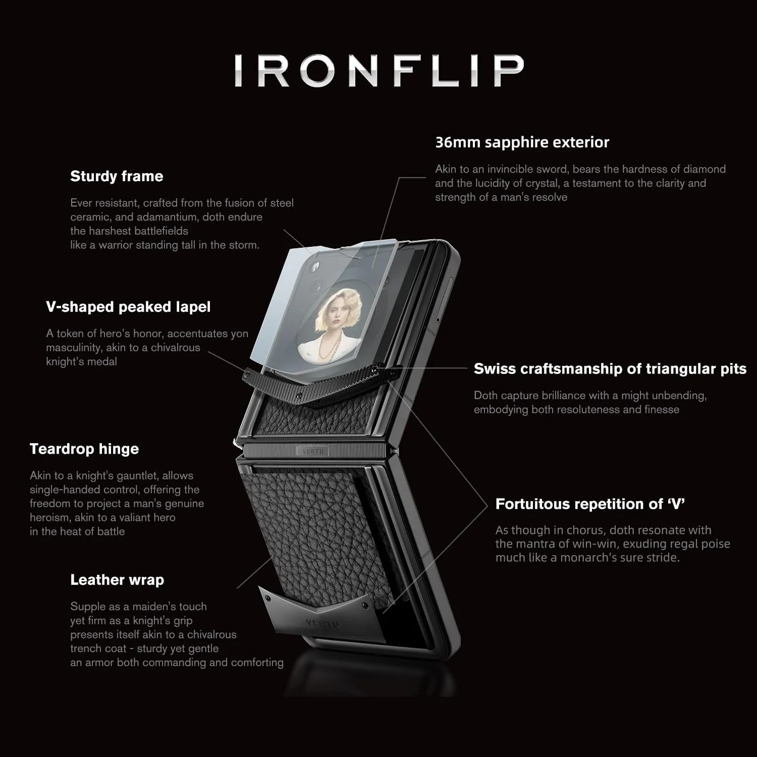 VERTU IRONFLIP Calf Skin Flip Cell Phone, Unlocked Android 5G Smartphone, Foldable Design, One-Hand Control, 50MP Camera, 12G 512G, Dual SIM, 6.9" 120Hz OLED, 65W Fast Charge (Jade Black)