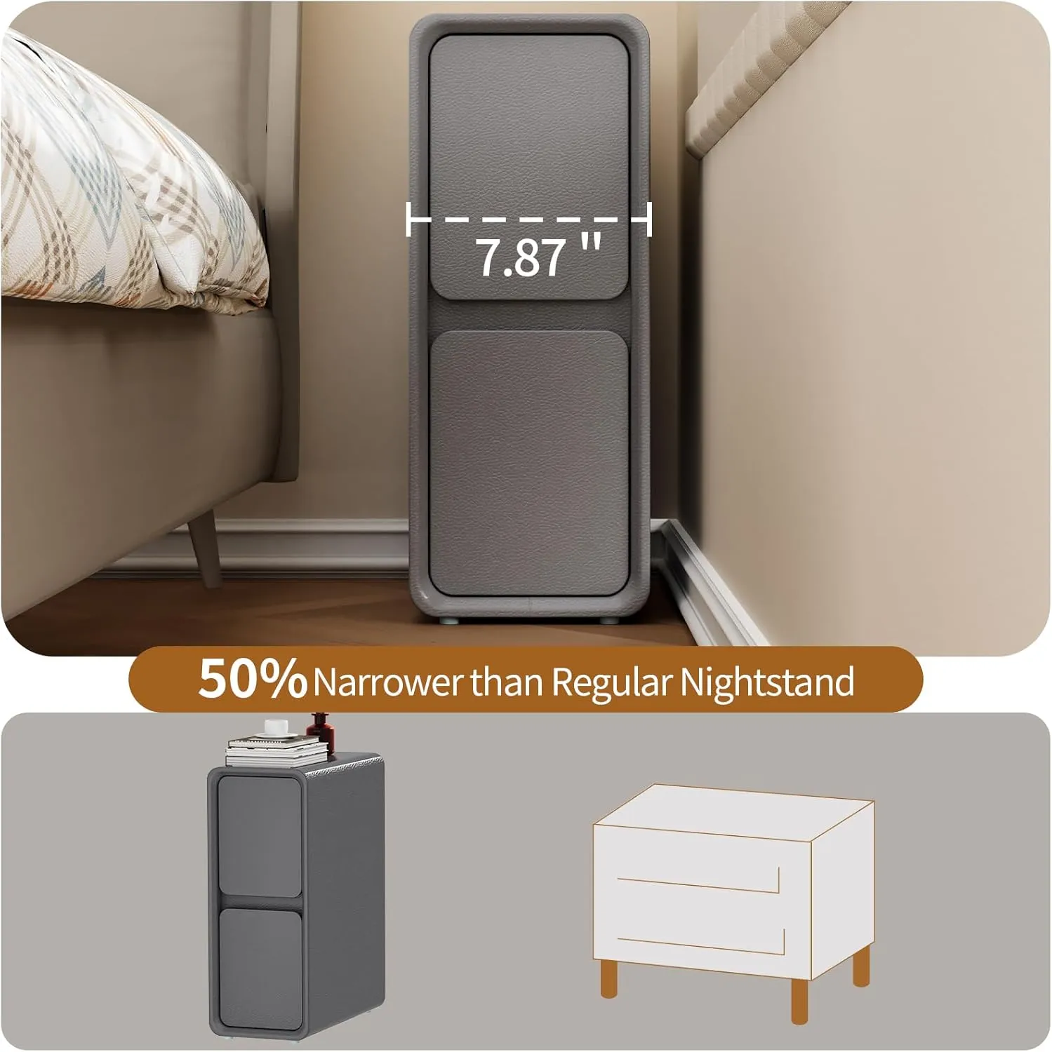 VICITON Modern Narrow Faux Leather Nightstand, Solid Wood Drawer, Storage Accent Table, Small Side End Table for Bedroom (Gray, Narrow)