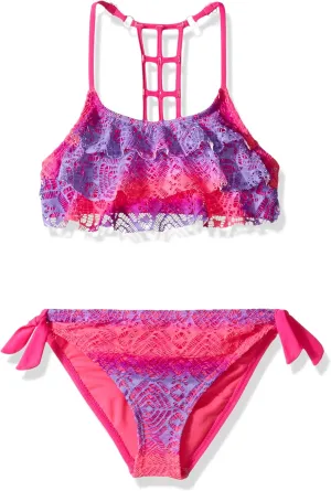 Vigoss Girls' Love is in The Air Two Piece Ombre Tiered Swimsuit, Barbie Pink, 14