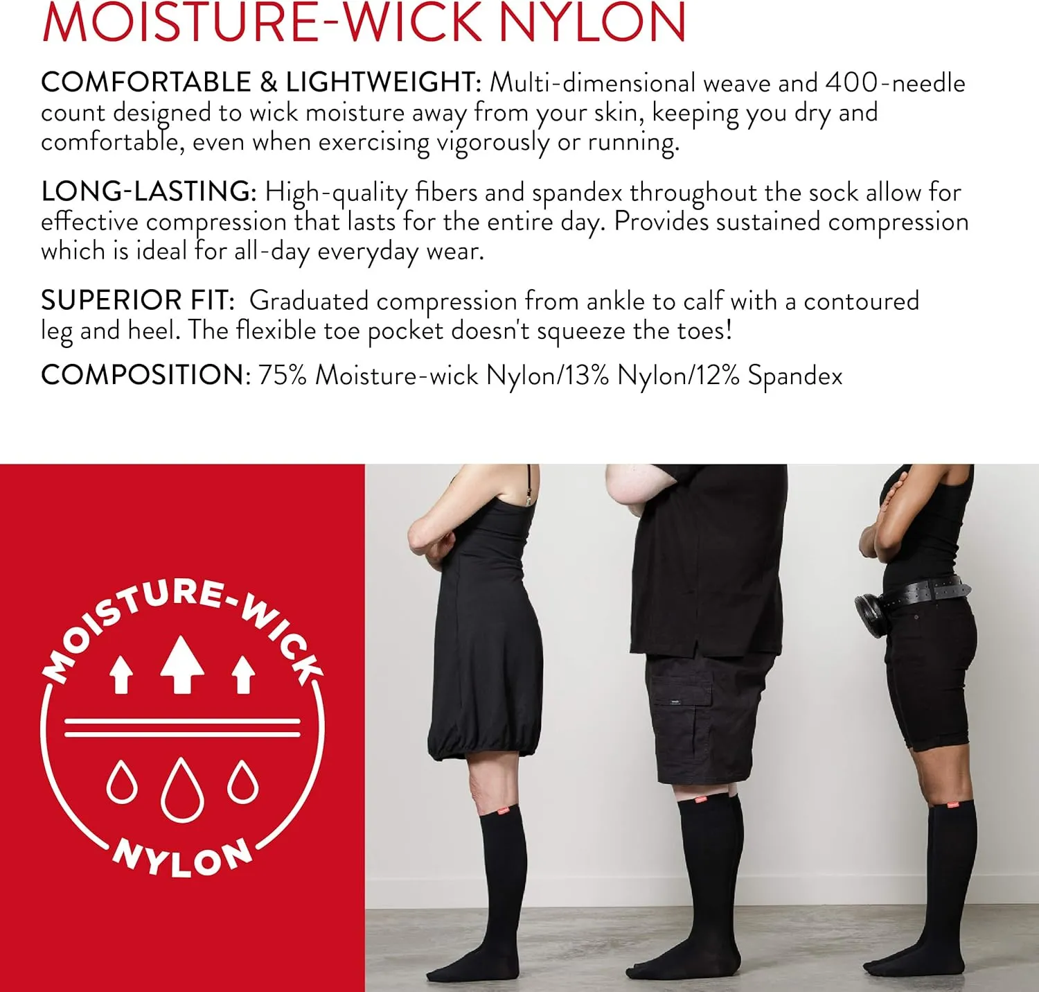 VIM & VIGR Moisture Wick Nylon 15-20 mmHg Graduated Compression Socks for Women & Men