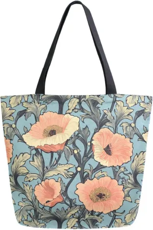 Vintage Poppy Flower Canvas Tote Bag for Women with Zipper Pocket Reusable Grocery Shopping Bags Large Travel Shoulder Bag Handbag Bags
