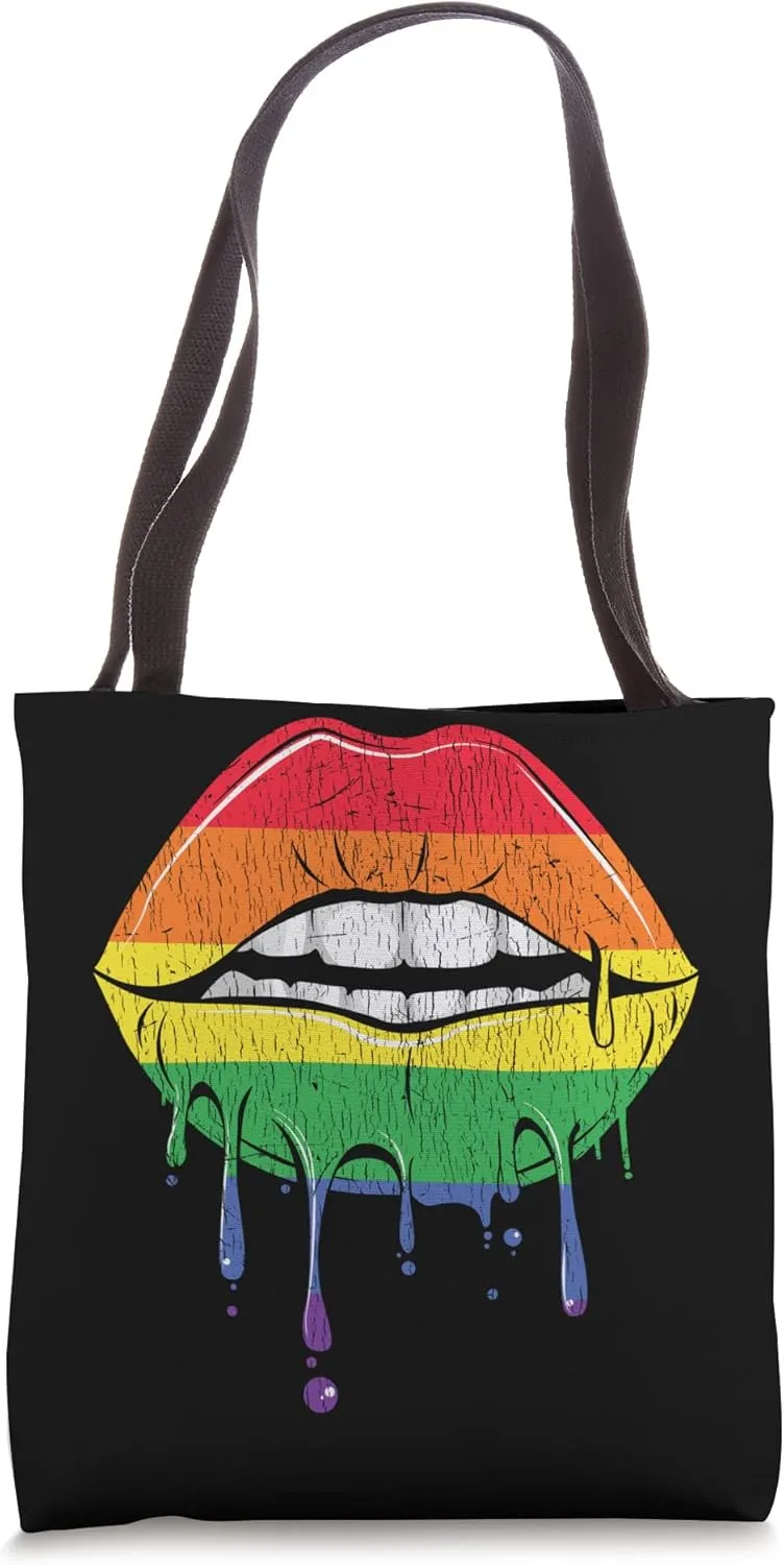Vintage Rainbow Lip Bite Drip - LGBTQ Rainbow Lip Gay Pride Tote Bag