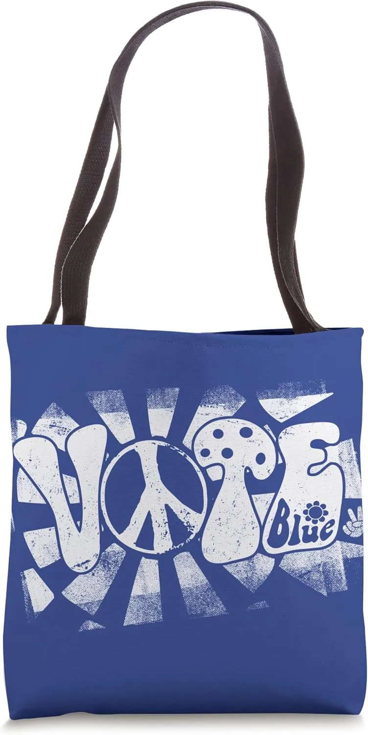 VOTE Blue - Retro Hippie Peace Sign Mushroom Democrat Design Tote Bag