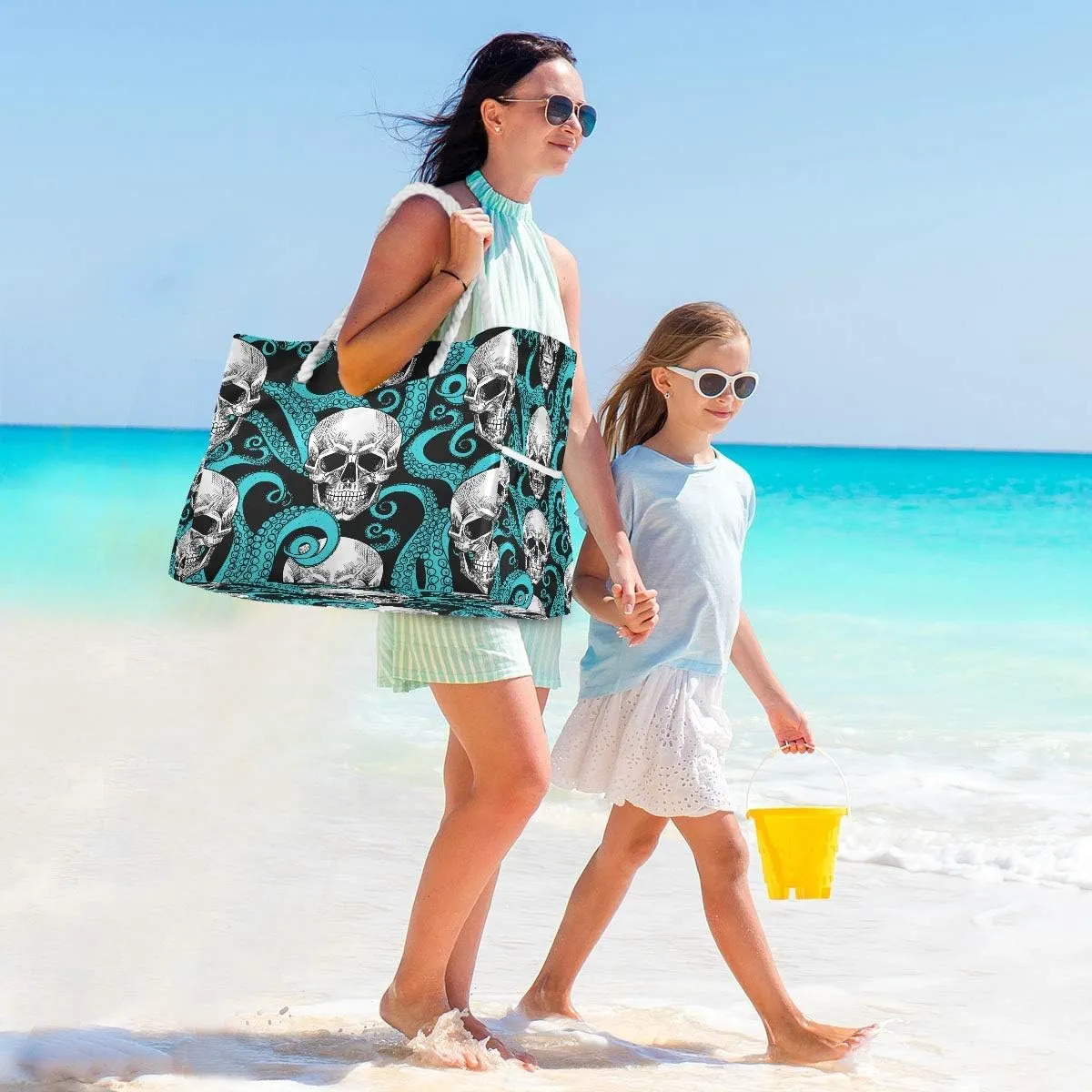 Water Resistant Beach Bag, Beach Tote with Rope Handles, Top Zipper Closure, 2 Inner Pockets - Bonus Wetbag/Drybag