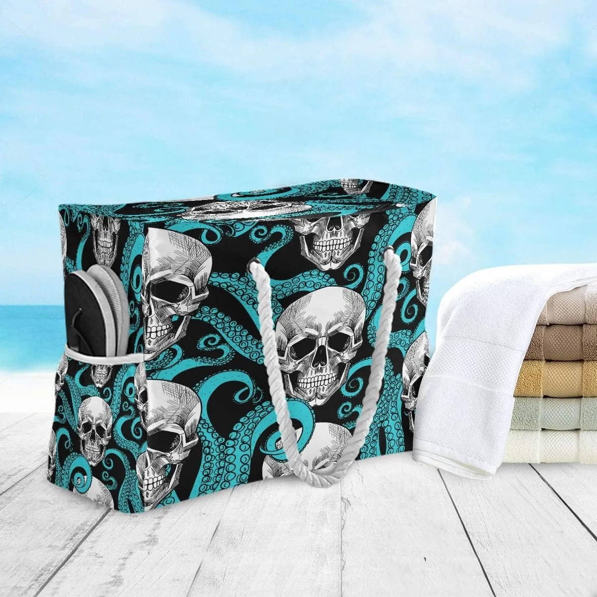 Water Resistant Beach Bag, Beach Tote with Rope Handles, Top Zipper Closure, 2 Inner Pockets - Bonus Wetbag/Drybag