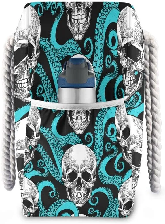 Water Resistant Beach Bag, Beach Tote with Rope Handles, Top Zipper Closure, 2 Inner Pockets - Bonus Wetbag/Drybag