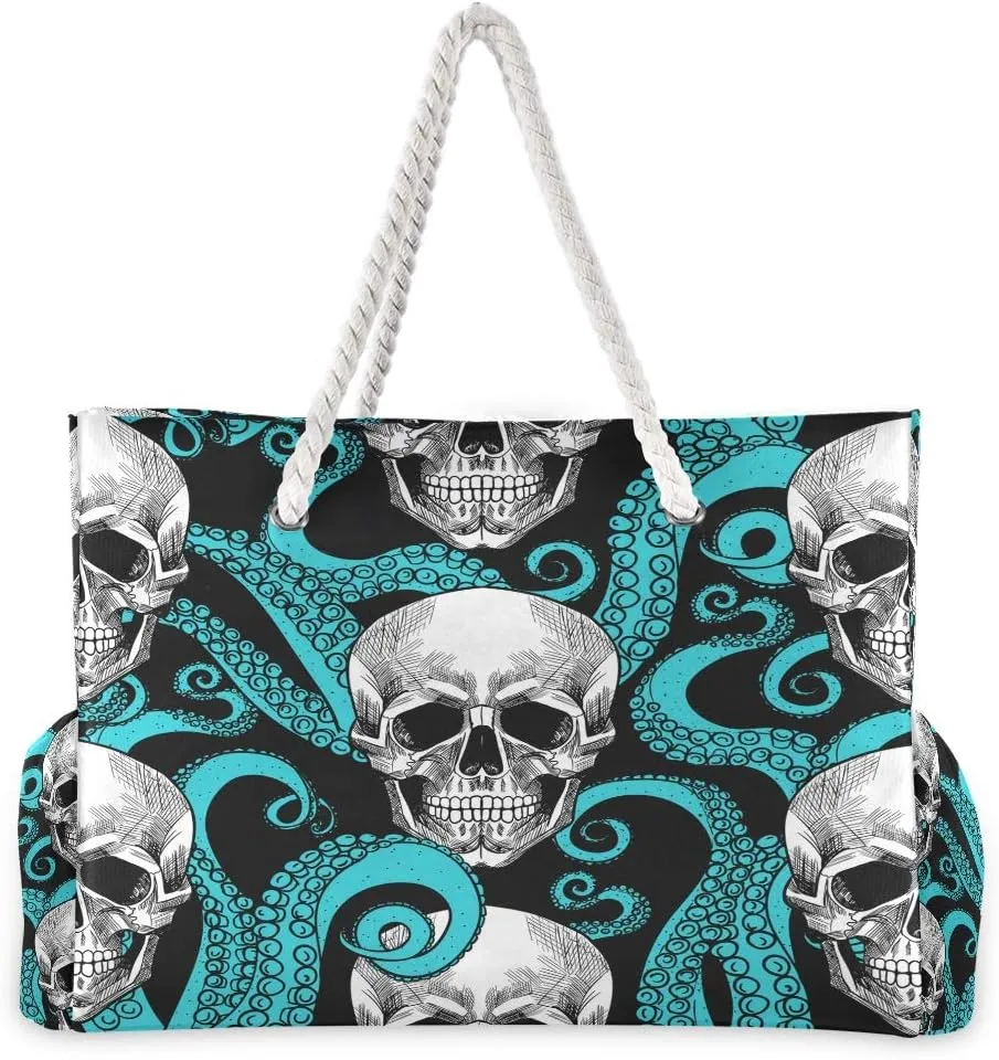 Water Resistant Beach Bag, Beach Tote with Rope Handles, Top Zipper Closure, 2 Inner Pockets - Bonus Wetbag/Drybag