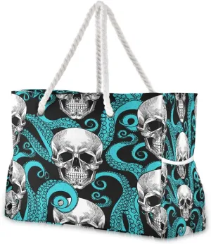 Water Resistant Beach Bag, Beach Tote with Rope Handles, Top Zipper Closure, 2 Inner Pockets - Bonus Wetbag/Drybag