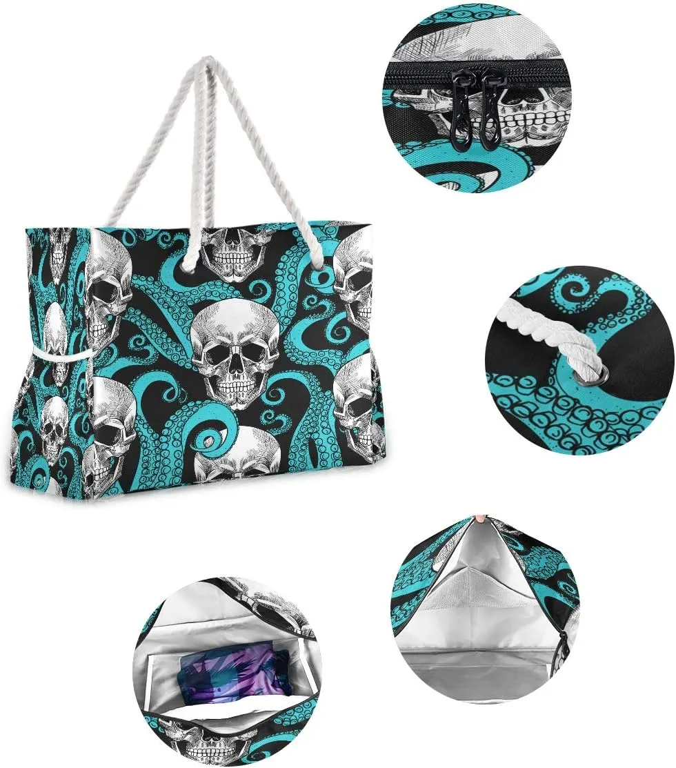 Water Resistant Beach Bag, Beach Tote with Rope Handles, Top Zipper Closure, 2 Inner Pockets - Bonus Wetbag/Drybag