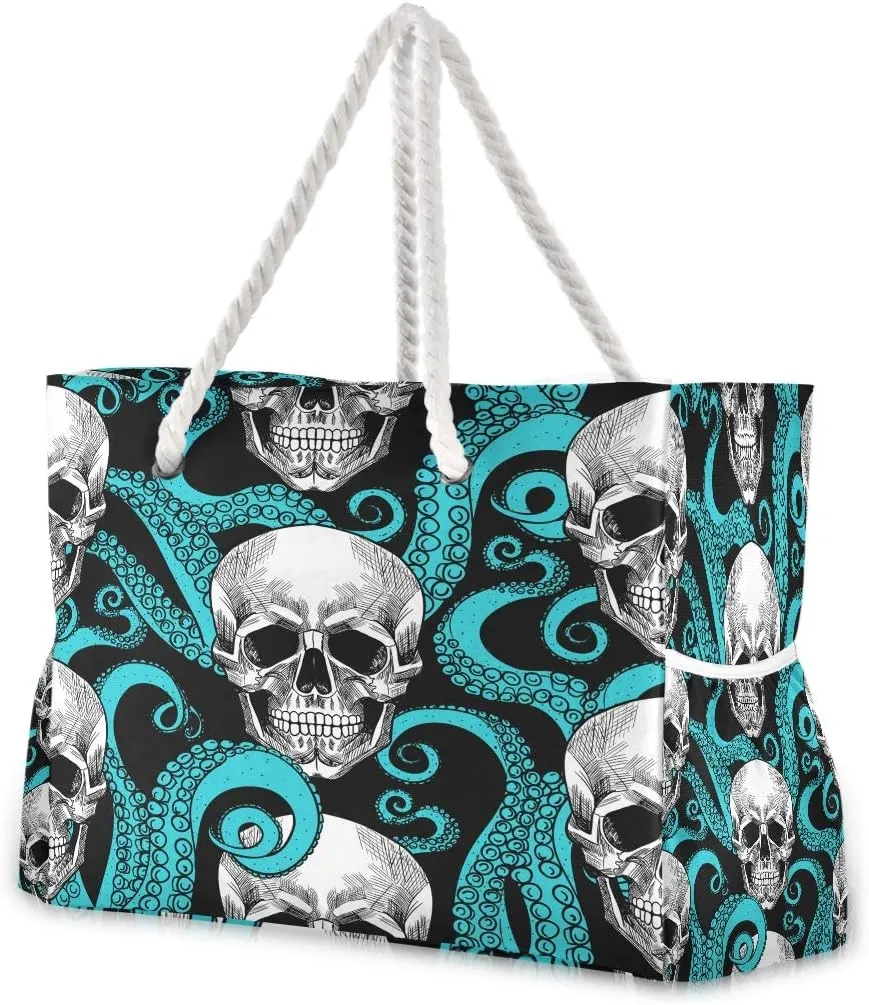 Water Resistant Beach Bag, Beach Tote with Rope Handles, Top Zipper Closure, 2 Inner Pockets - Bonus Wetbag/Drybag