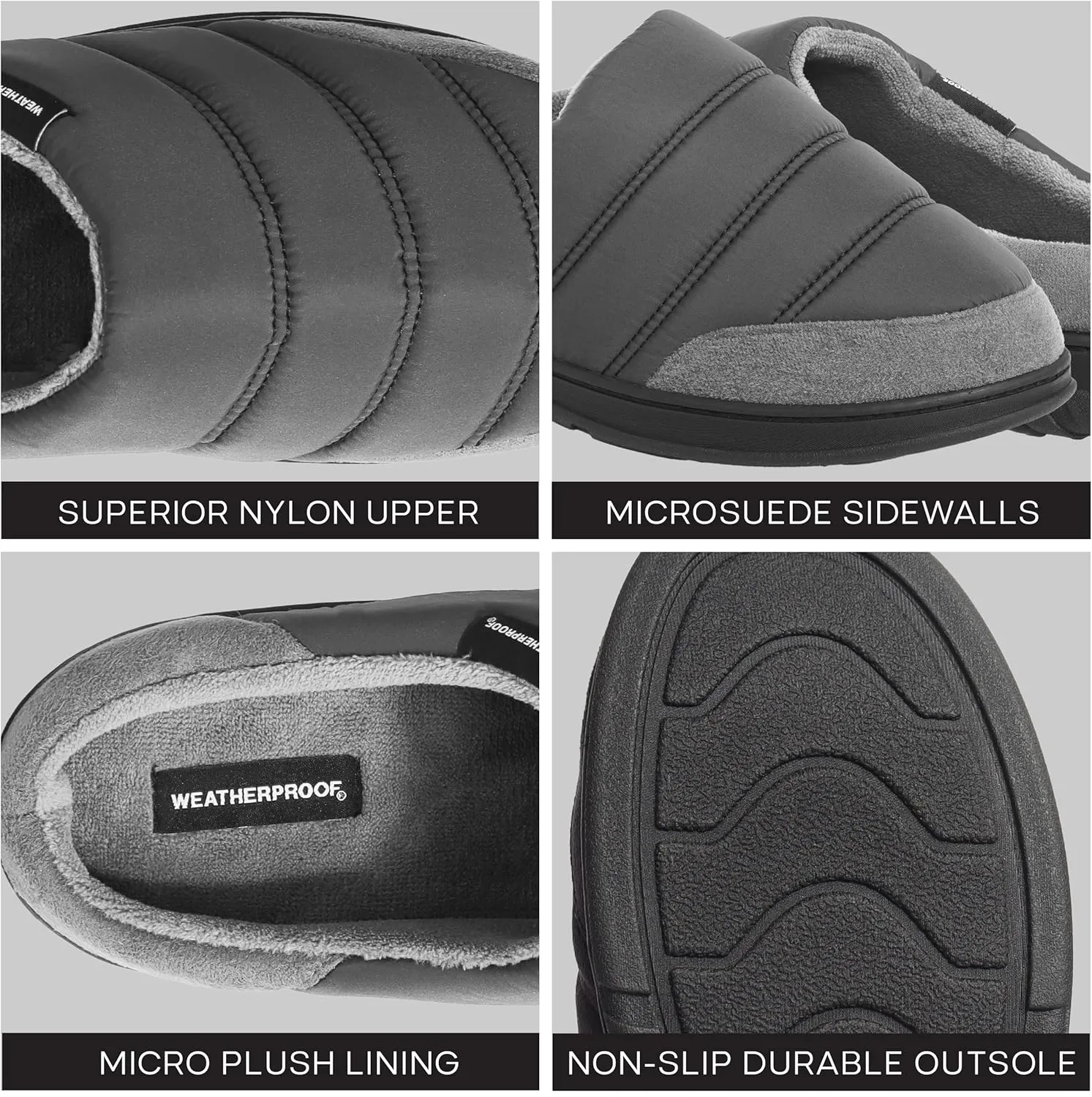 Weatherproof Puffer Nylon Memory Foam Slippers for Men, Cozy Lightweight Indoor Outdoor Slippers with Durable Non-Slip Sole