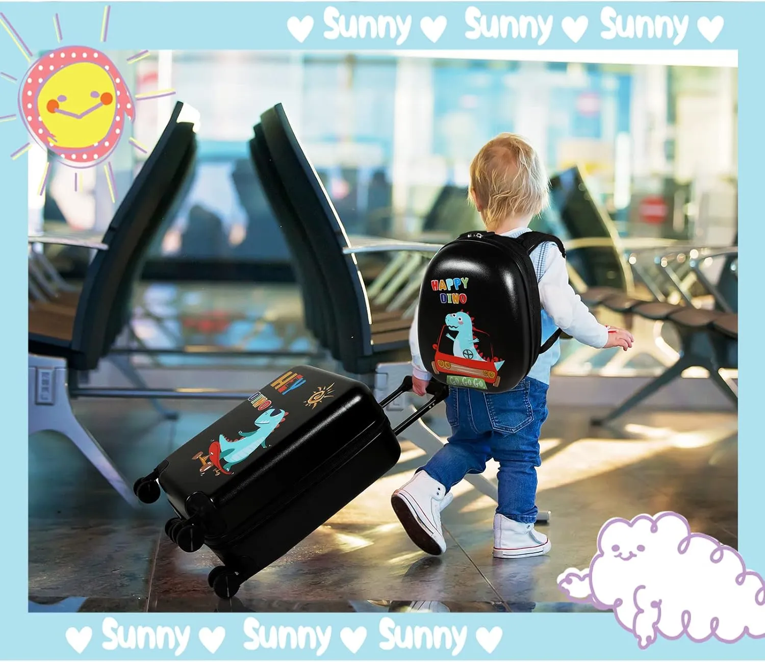 Weewooday Kids Luggage and Backpack 18" Suitcase with Spinner Wheel Hard Case Travel 13" Backpack Girl Suitcase Set for Kids Travel Supplies(Black,Dinosaur Style)