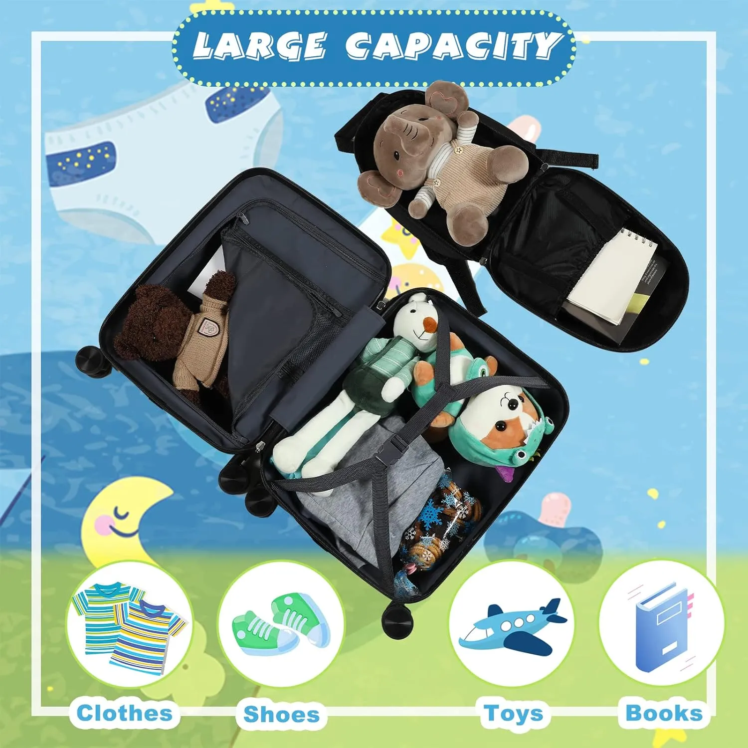 Weewooday Kids Luggage and Backpack 18" Suitcase with Spinner Wheel Hard Case Travel 13" Backpack Girl Suitcase Set for Kids Travel Supplies(Black,Dinosaur Style)
