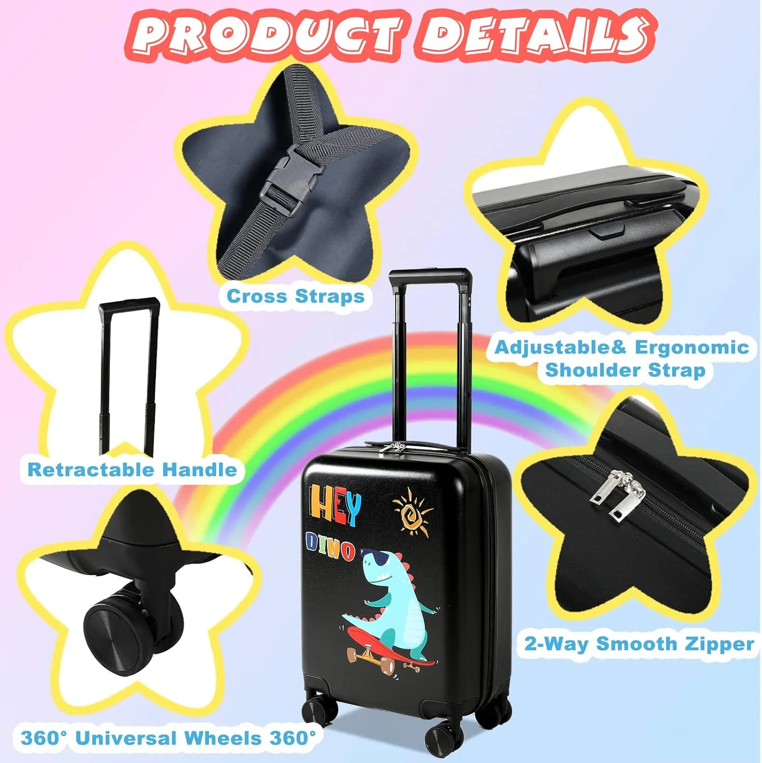 Weewooday Kids Luggage and Backpack 18" Suitcase with Spinner Wheel Hard Case Travel 13" Backpack Girl Suitcase Set for Kids Travel Supplies(Black,Dinosaur Style)