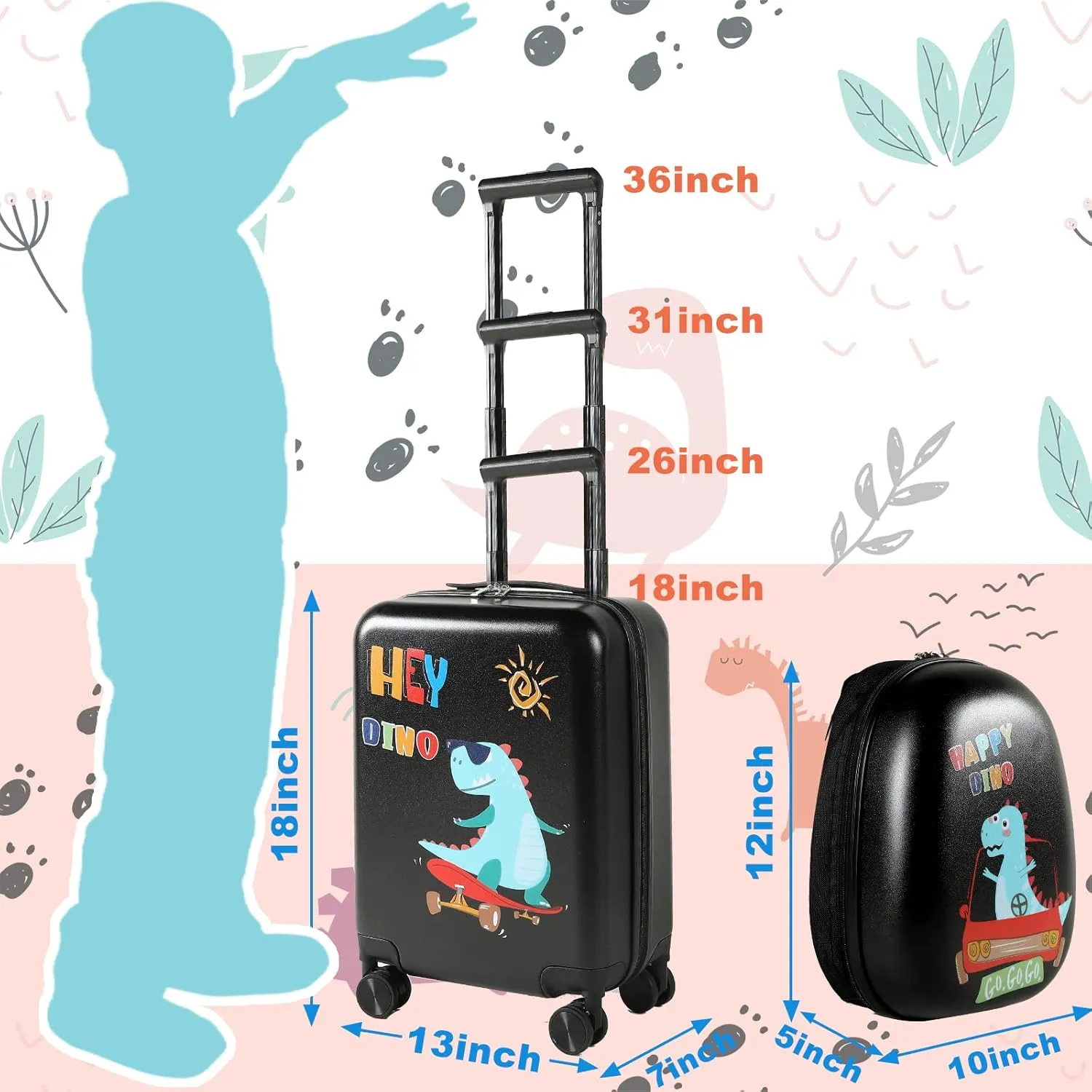 Weewooday Kids Luggage and Backpack 18" Suitcase with Spinner Wheel Hard Case Travel 13" Backpack Girl Suitcase Set for Kids Travel Supplies(Black,Dinosaur Style)