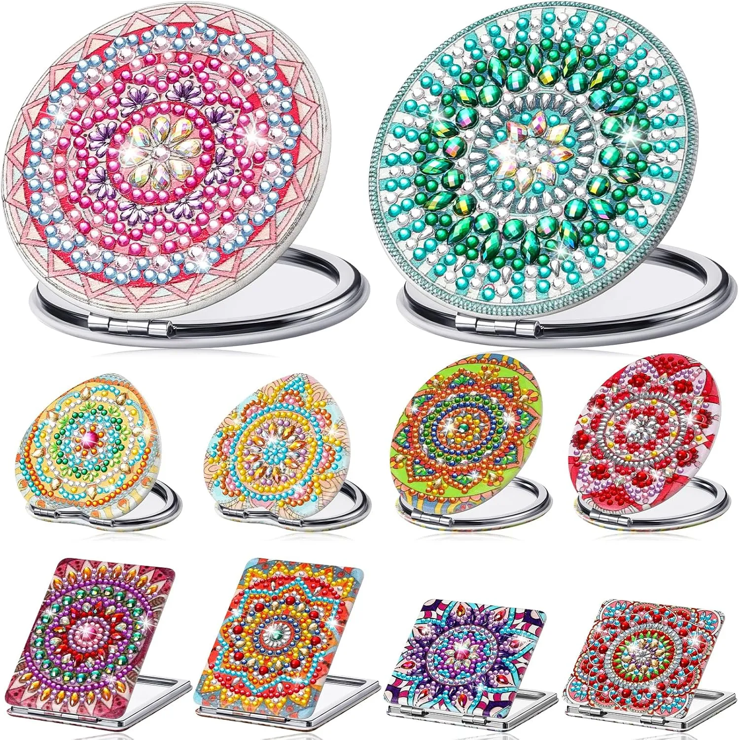 Weysat 10 Pcs Diamond Painting Compact Mirror DIY Portable Pocket Purse Mirror with Diamond Painting Cover Crafts Diamond Art Kits for Women Girls Kids