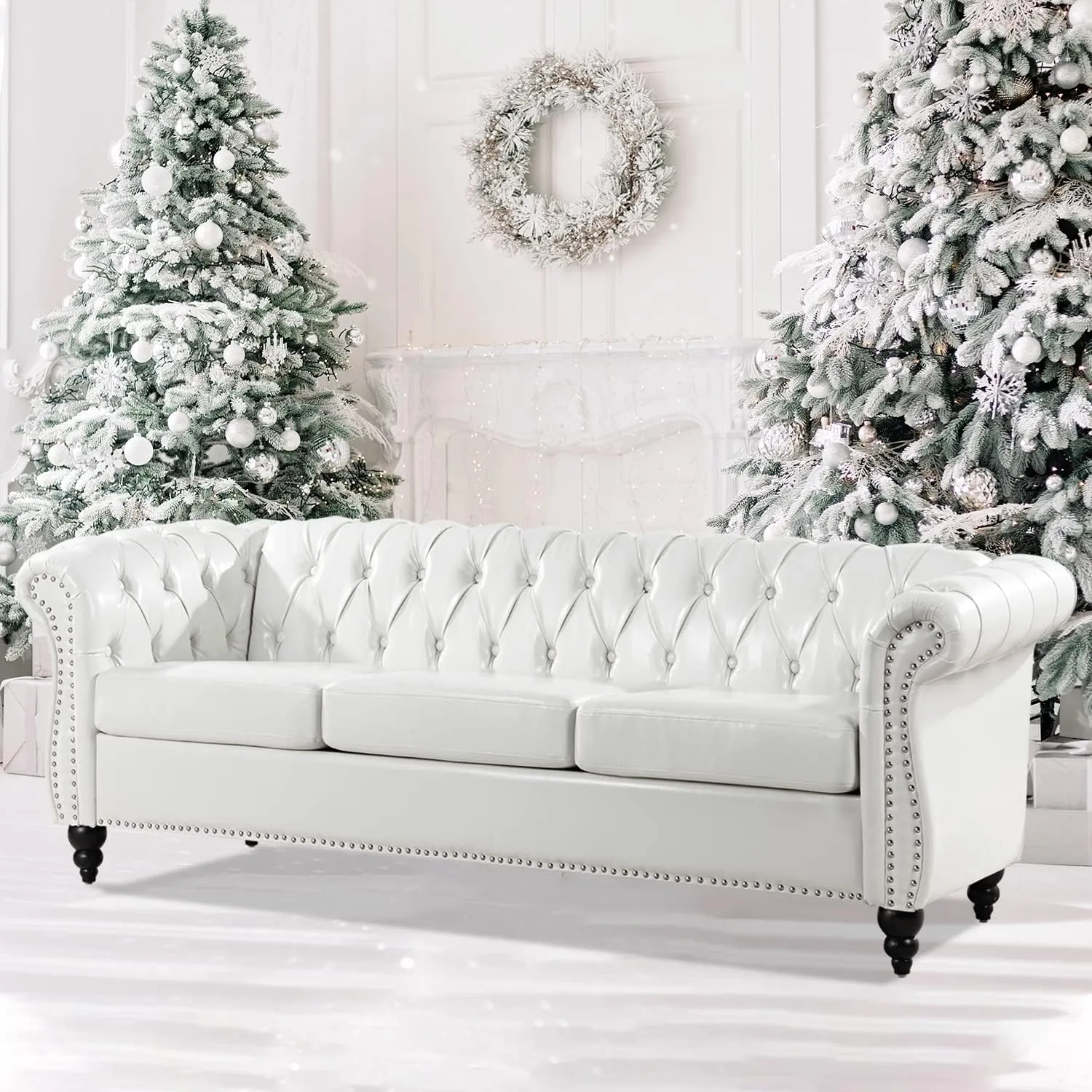 White Sofas for Living Room Faux Leather Chesterfield Sofa 84" Rolled Arm 3-Seater Tufted Couch Sofa with Button Nailhead Upholstered Sofa Furniture Easy to Assemble (White)
