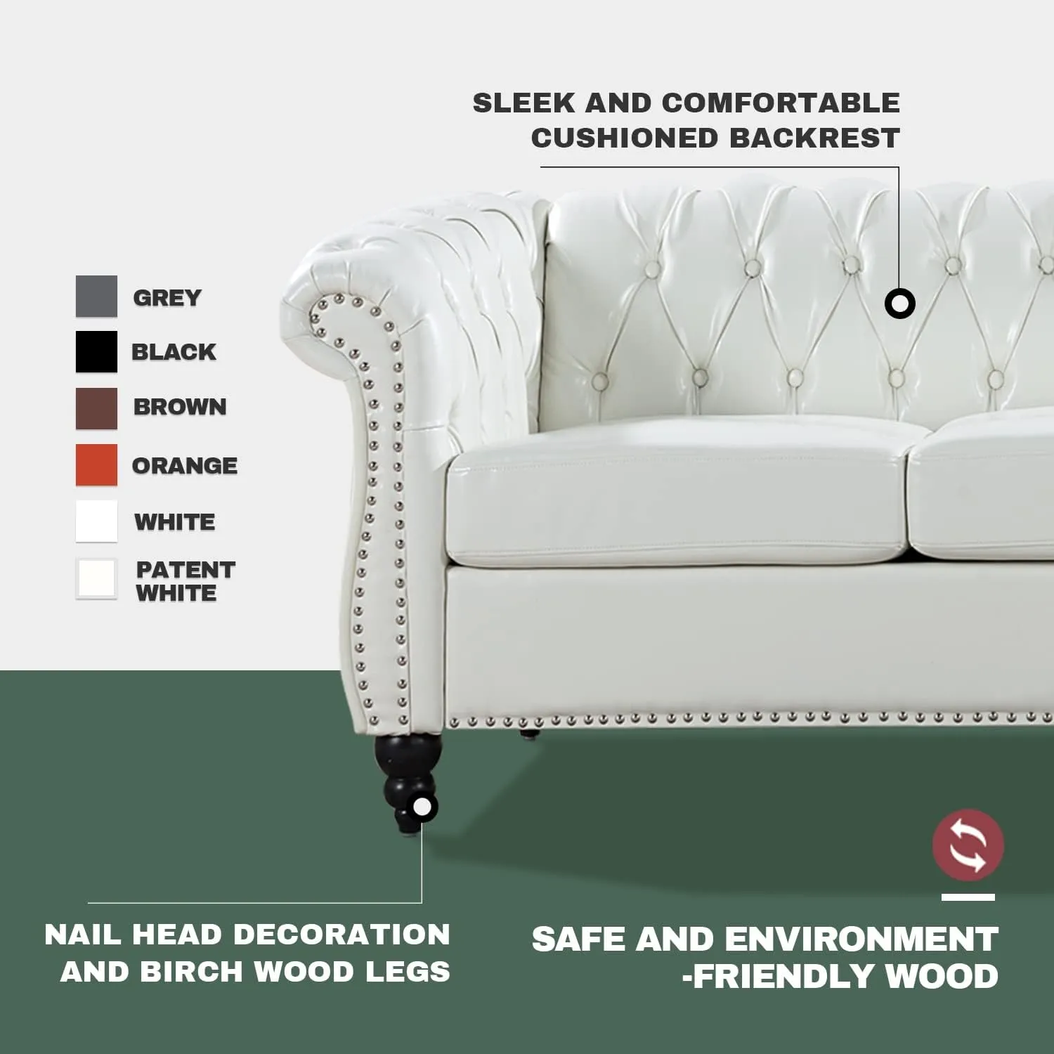 White Sofas for Living Room Faux Leather Chesterfield Sofa 84" Rolled Arm 3-Seater Tufted Couch Sofa with Button Nailhead Upholstered Sofa Furniture Easy to Assemble (White)