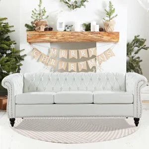 White Sofas for Living Room Faux Leather Chesterfield Sofa 84" Rolled Arm 3-Seater Tufted Couch Sofa with Button Nailhead Upholstered Sofa Furniture Easy to Assemble (White)