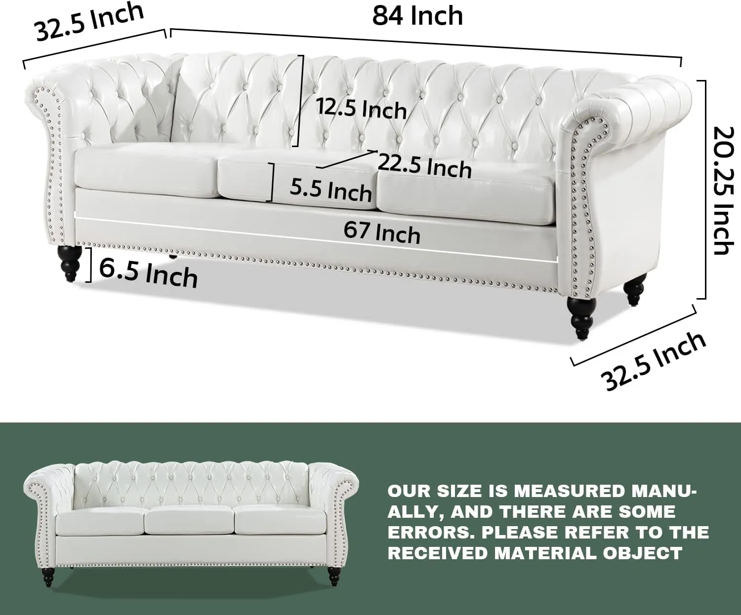 White Sofas for Living Room Faux Leather Chesterfield Sofa 84" Rolled Arm 3-Seater Tufted Couch Sofa with Button Nailhead Upholstered Sofa Furniture Easy to Assemble (White)