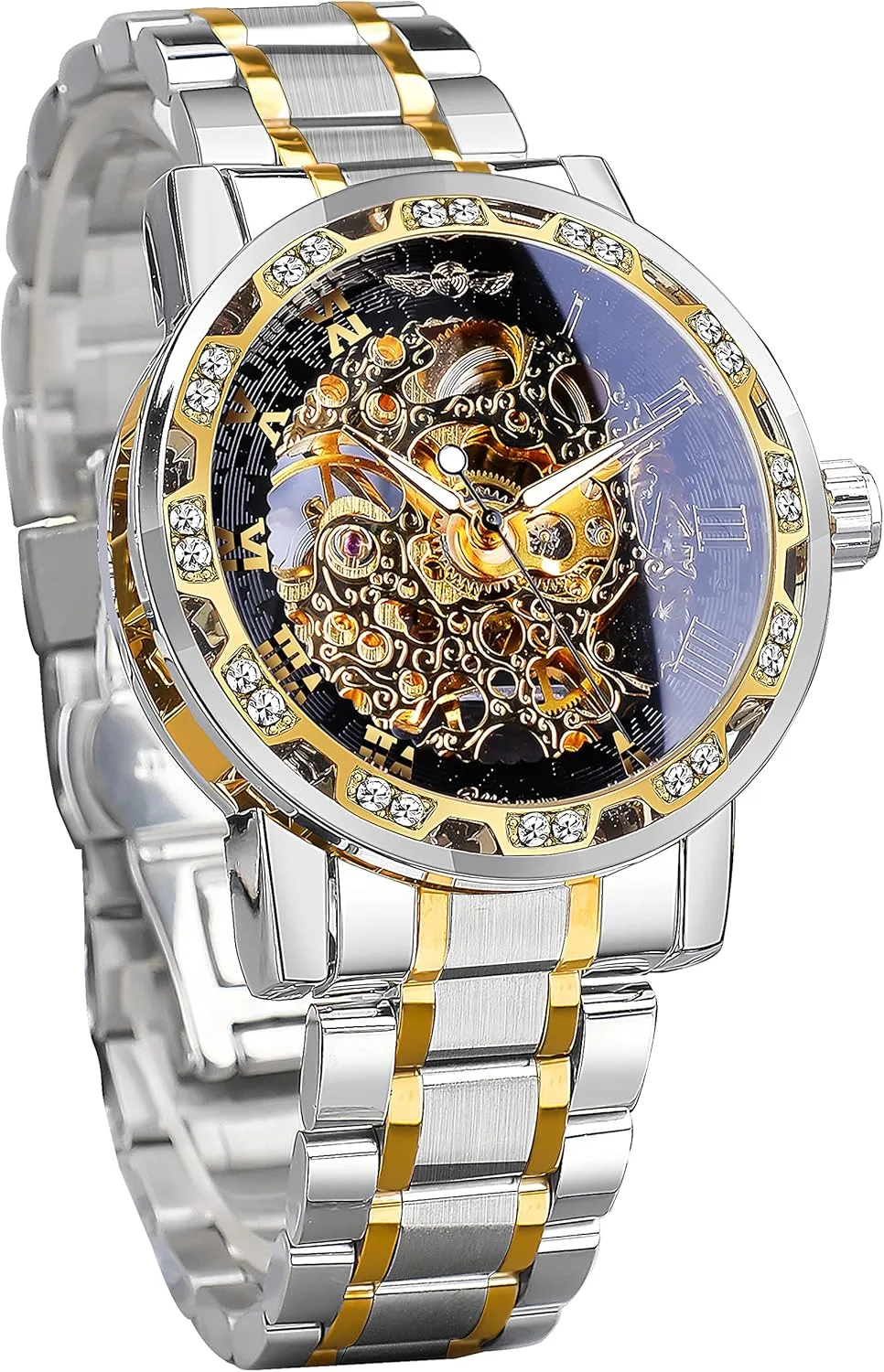 Winner Retro Manual Mechanical Skeleton Watch with Diamond and Carving Flower Craft Men Skeleton Wrist Watch Mechanical Classic Roman Number