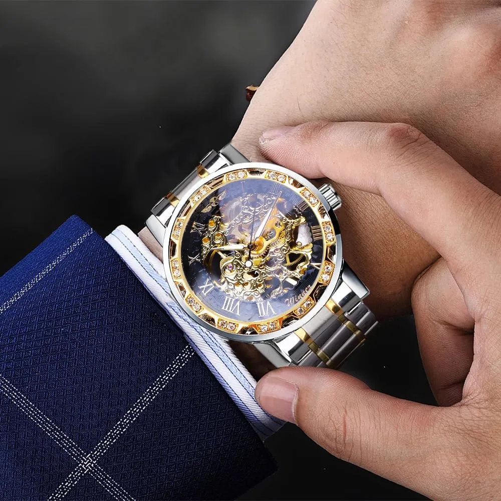 Winner Retro Manual Mechanical Skeleton Watch with Diamond and Carving Flower Craft Men Skeleton Wrist Watch Mechanical Classic Roman Number
