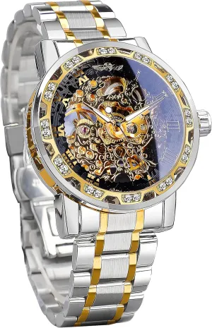 Winner Retro Manual Mechanical Skeleton Watch with Diamond and Carving Flower Craft Men Skeleton Wrist Watch Mechanical Classic Roman Number