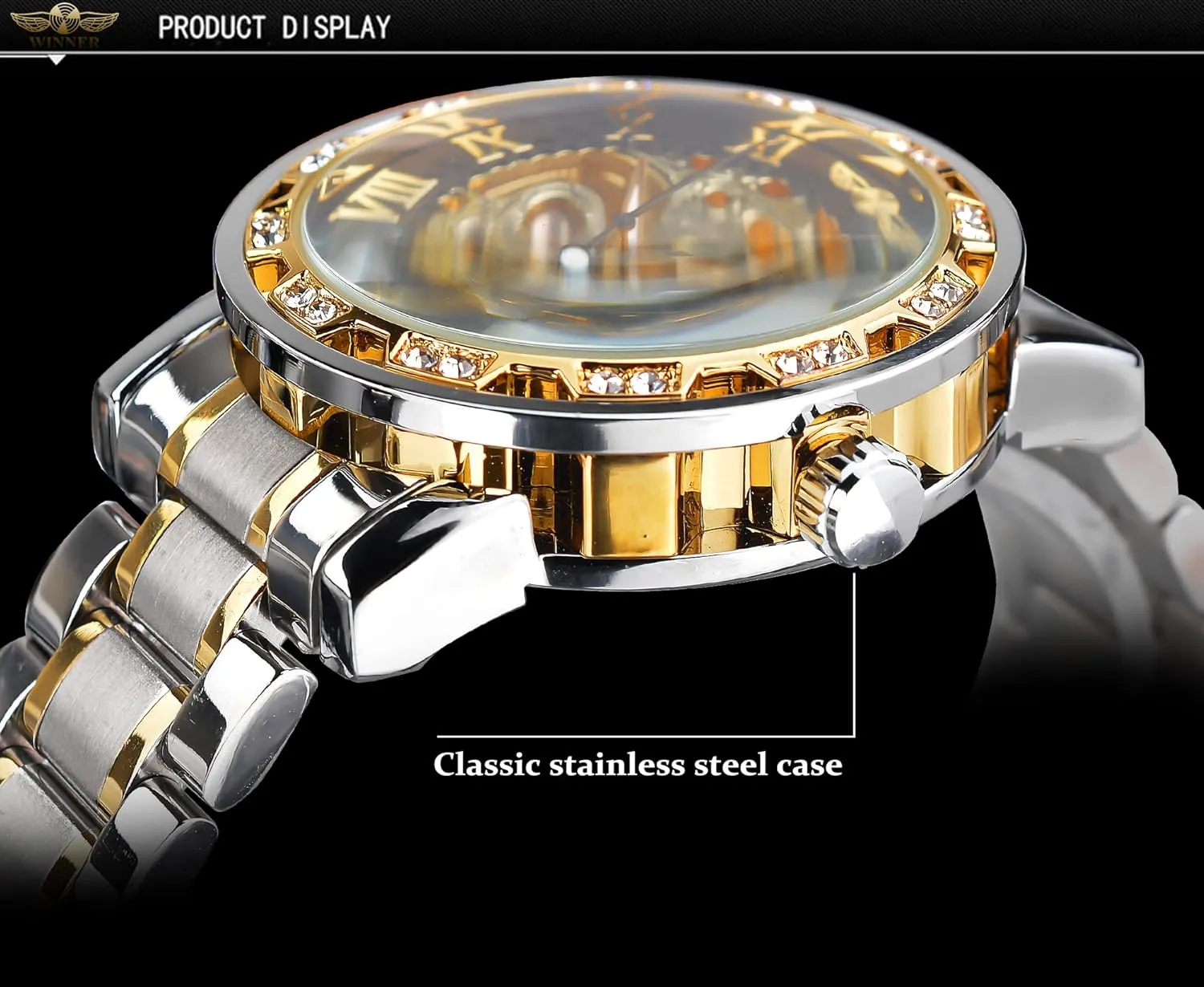 Winner Retro Manual Mechanical Skeleton Watch with Diamond and Carving Flower Craft Men Skeleton Wrist Watch Mechanical Classic Roman Number