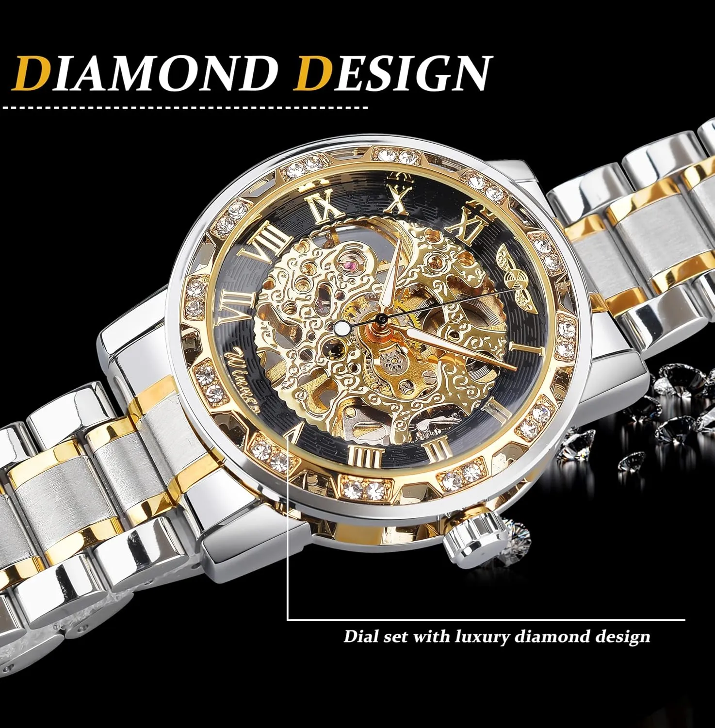 Winner Retro Manual Mechanical Skeleton Watch with Diamond and Carving Flower Craft Men Skeleton Wrist Watch Mechanical Classic Roman Number
