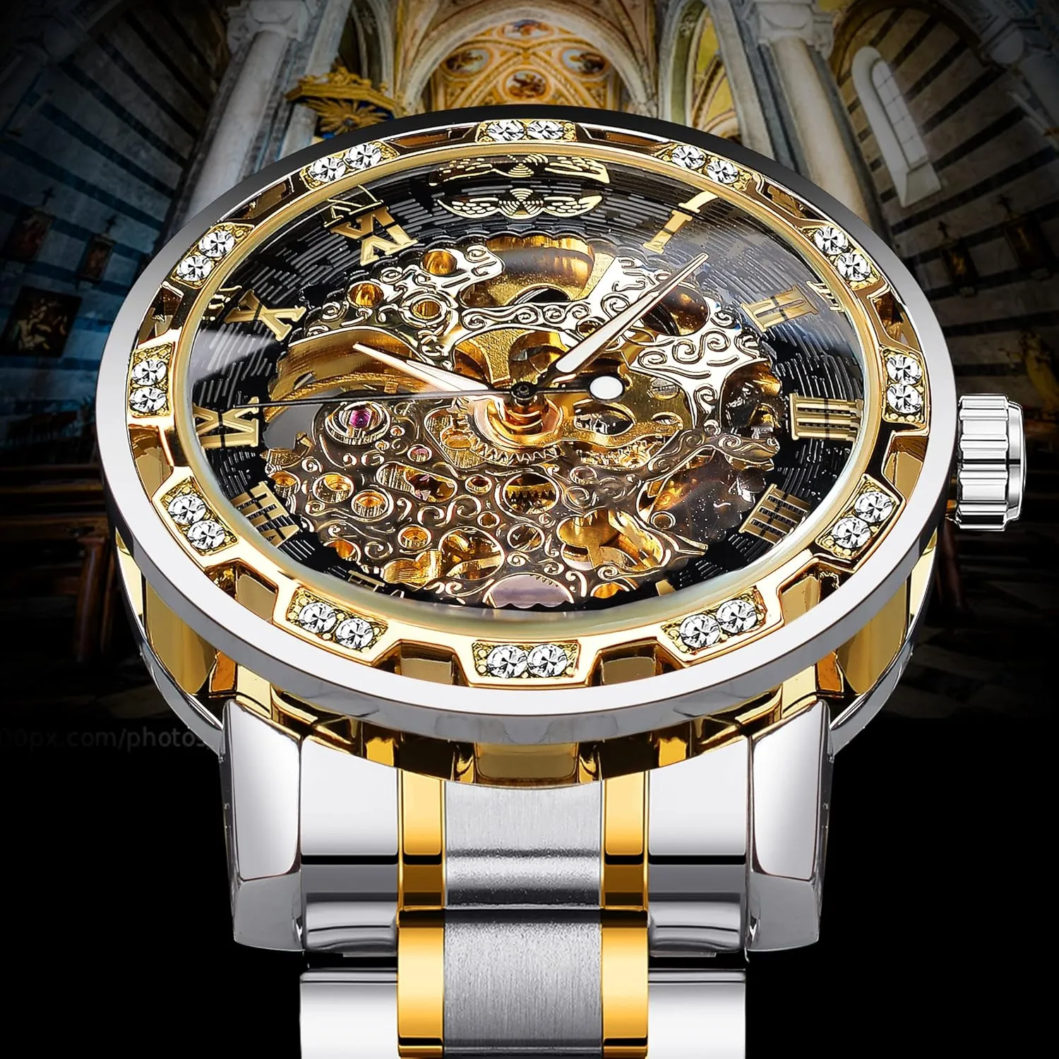 Winner Retro Manual Mechanical Skeleton Watch with Diamond and Carving Flower Craft Men Skeleton Wrist Watch Mechanical Classic Roman Number