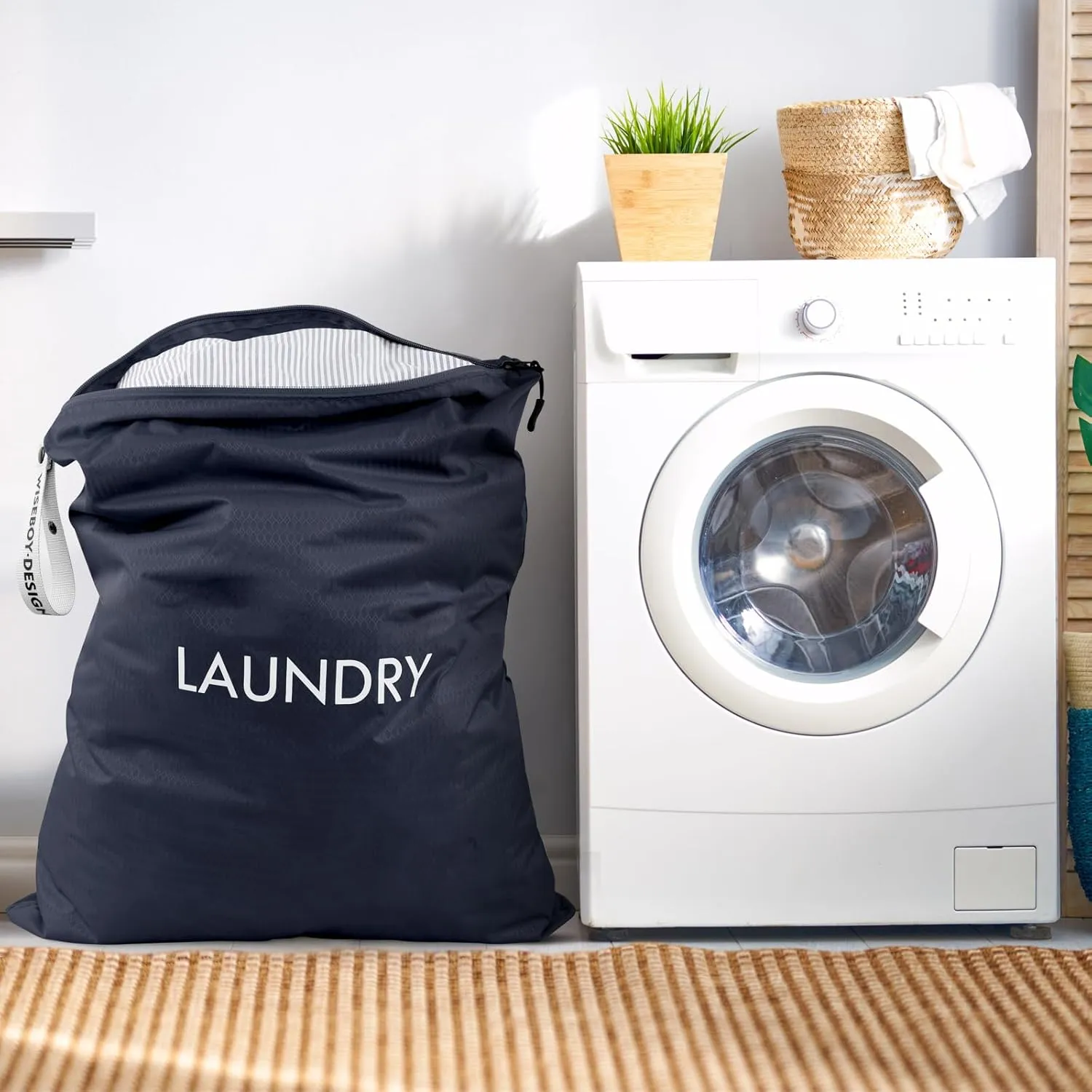 WiseBoy Laundry Bag, 23.6x35 inch Oversized Laundry Bags, Travel Laundry Bag Dirty Clothes Organizer, Nylon Wet Dry Storage Bag for College Dorm, Camping, Caravan, Navy Blue