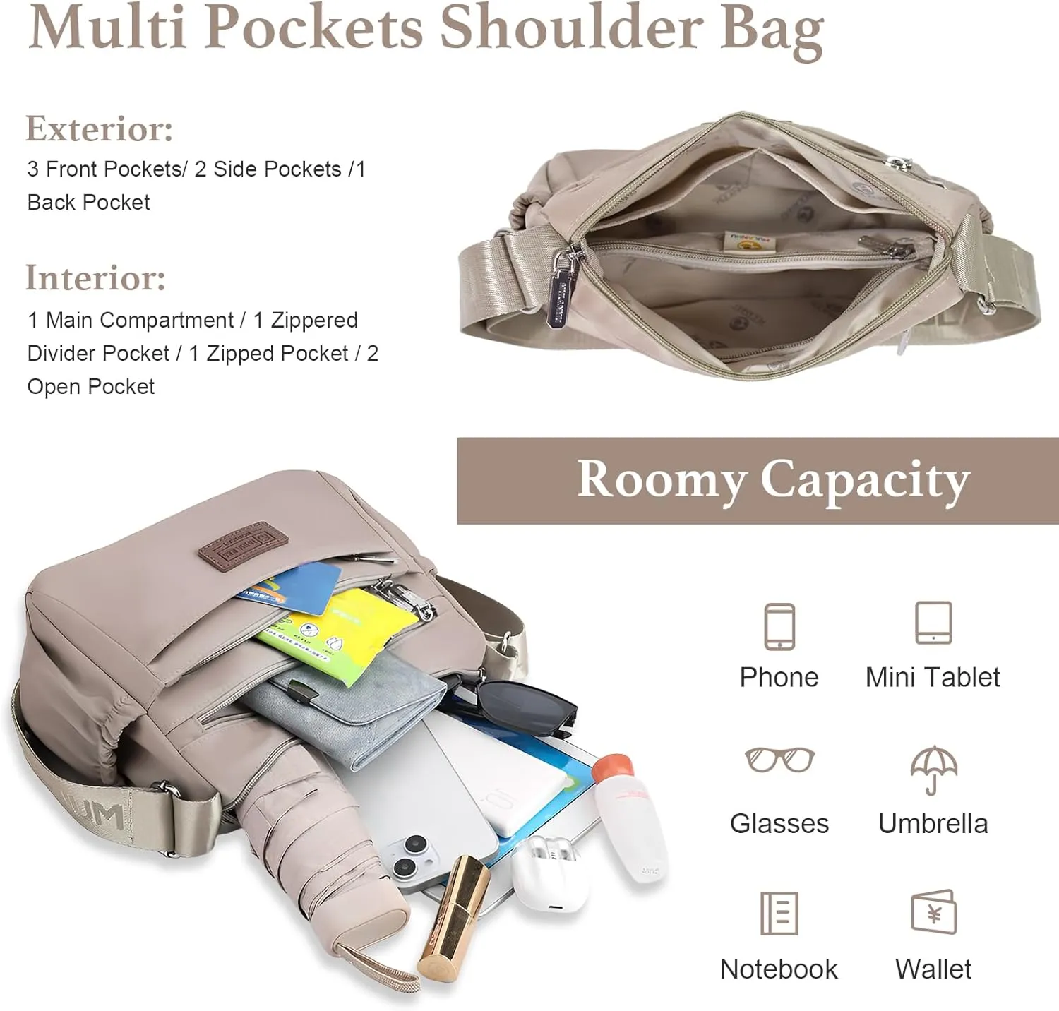 WITERY Crossboby Bags for Women - Waterproof Nylon Multi-Pocket Crossboby Purse for Women, Pocketbooks Medium Travel Purses