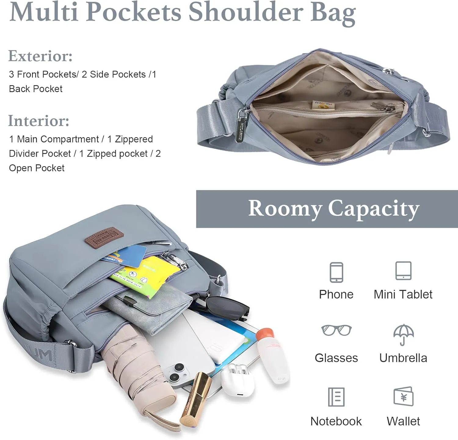 WITERY Crossboby Bags for Women - Waterproof Nylon Multi-Pocket Crossboby Purse for Women, Pocketbooks Medium Travel Purses
