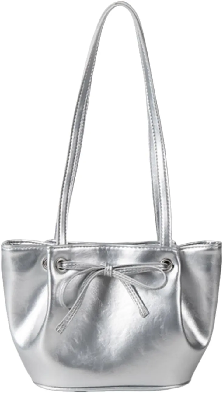 Women Bow-Adorned Large Capacity Underarm Bag, Fashion PU Leather Bucket Shoulder Bag, Minimalist Handbag