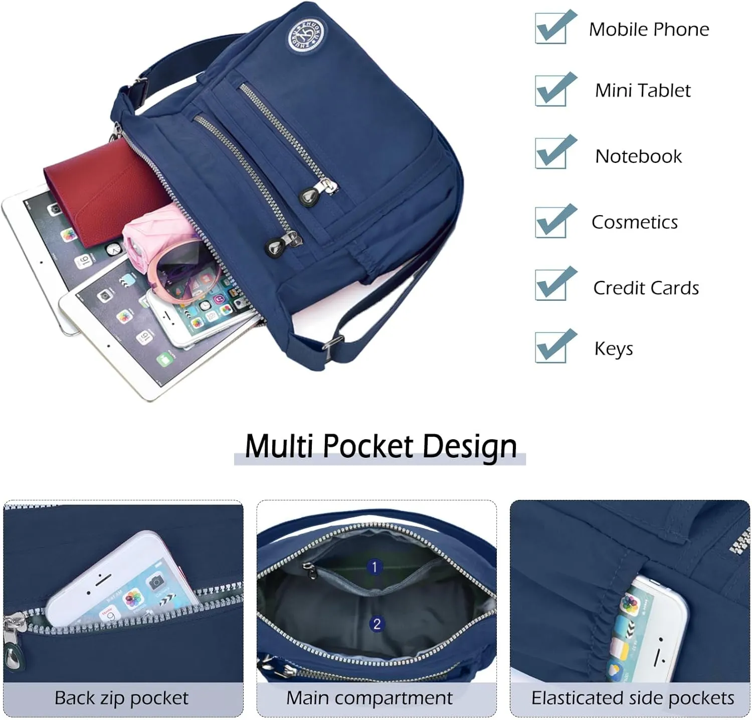 Women Crossbody Bag Multi Pocket Casual Messenger Bag Nylon Shoulder Handbag Waterproof Ladies Travel Purse
