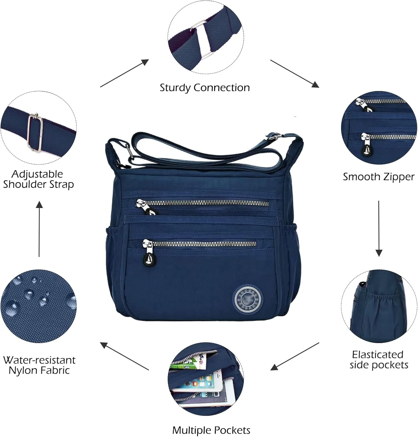 Women Crossbody Bag Multi Pocket Casual Messenger Bag Nylon Shoulder Handbag Waterproof Ladies Travel Purse