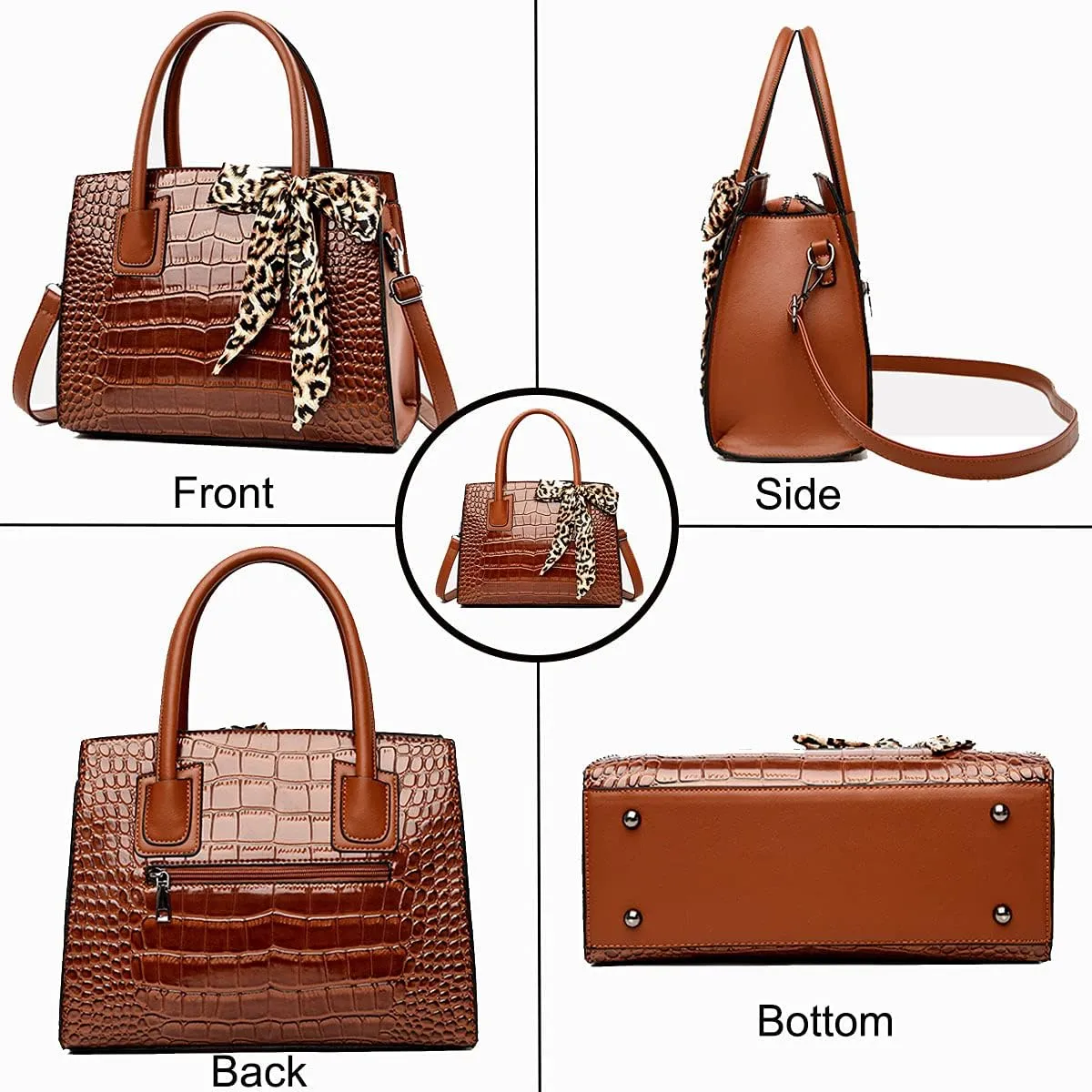 Women Fashion Handbag Crocodile Pattern Purse Shoulder Bag Bowknot Satchel Top-Handle Bag Tote for Work,Travel,Party