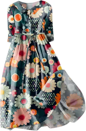 Women Summer Cotton Linen Dress 3/4 Sleeve Crew Neck Loose Long Dress Double Layers Flowy Smocked Tiered Dress