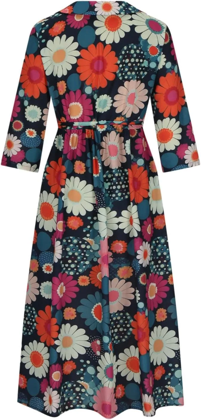 Women Summer Cotton Linen Dress 3/4 Sleeve Crew Neck Loose Long Dress Double Layers Flowy Smocked Tiered Dress